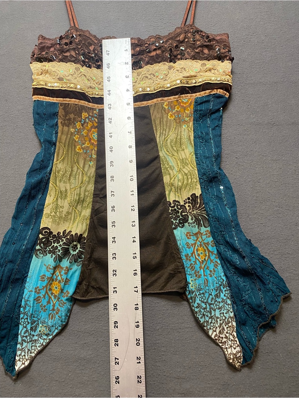 Studio Y Vtg Y2K Teal, Brown & Gold Patchwork Spaghetti-Strap Camisole- Small - Picture 10 of 10